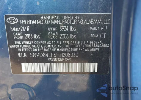 2017 Hyundai Elantra Se/Value/Limited from USA, damaged, VIN 5NPD84LF6HH208030